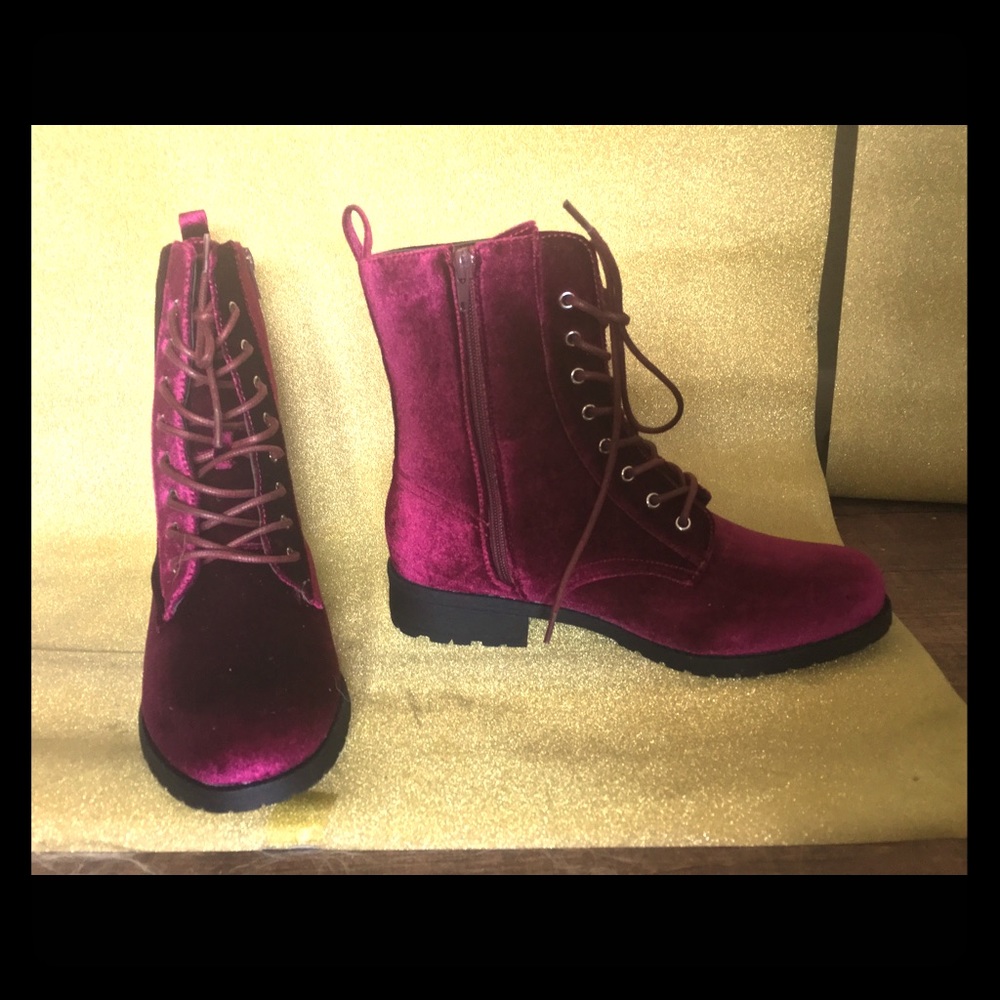 Maroon Velvet Combat Boots Brand New Never Worn